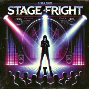 DALL·E 2024-11-22 13.26.23 - A striking and edgy album cover for a music group named 'Stage Fright'. The design features a dimly lit stage with dramatic spotlights casting long sh