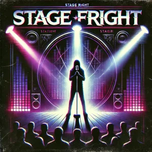 DALL·E 2024-11-22 13.26.23 - A striking and edgy album cover for a music group named 'Stage Fright'. The design features a dimly lit stage with dramatic spotlights casting long sh