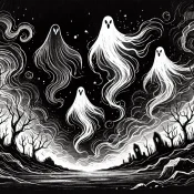 DALL·E 2024-11-22 14.35.52 - A hand-drawn, artistic black and white interpretation of a dark, atmospheric landscape with a completely black sky, featuring eerie, glowing ghosts. T